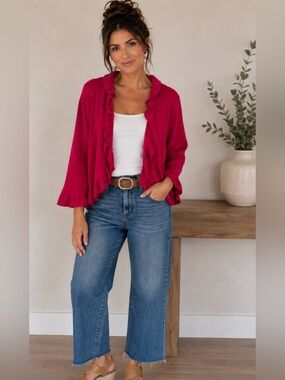 Jones New York Pink Ruffle-Trim Open Cardigan Sweater Size 2x
